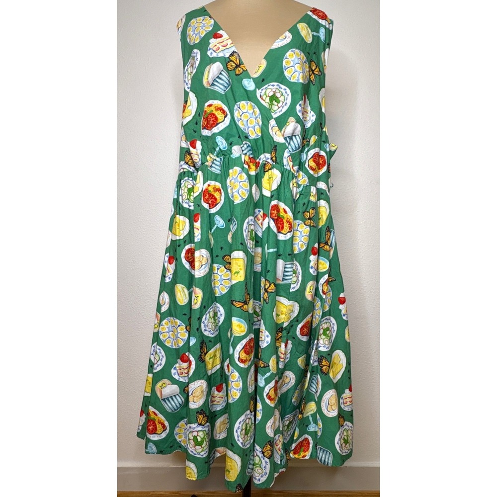 ModCloth Womens Midi Retro Dress Picnic Print V-Neck Whimsical 3X Green